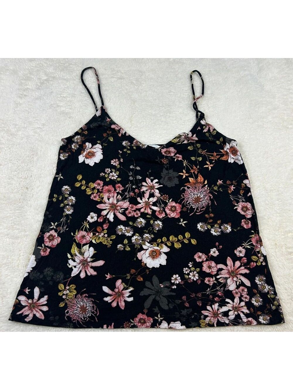 H&M Women’s Black Pink Floral Fitted Camisole Size Small Sleeveless Summer Tank